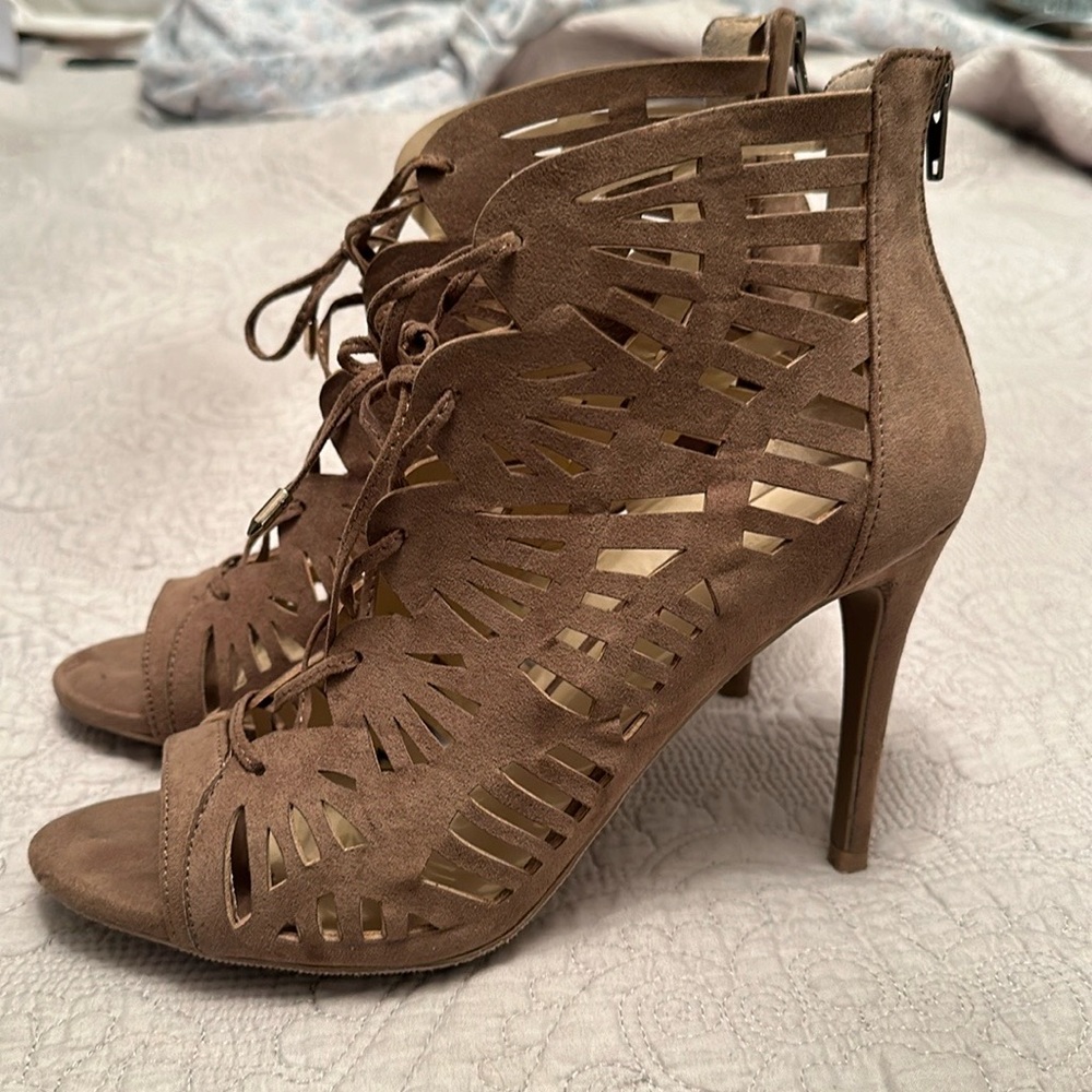 Beige Suede Charlotte Russe Cage Style Lace Up Heeled Booties